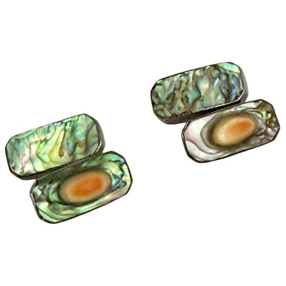 Antique 925 Sterling Silver Men's Cufflinks Abalone Mother Of Pearl Rectangle - Picture 1 of 16